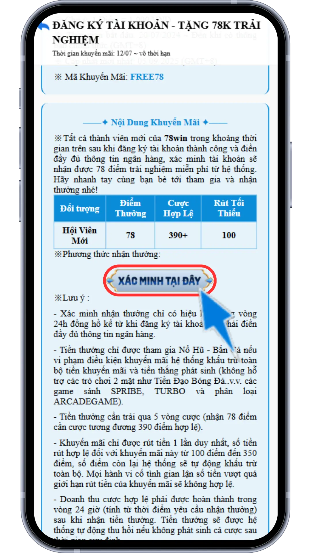 Bước 3: Chọn vào " XÁC MINH TẠI ĐÂY "